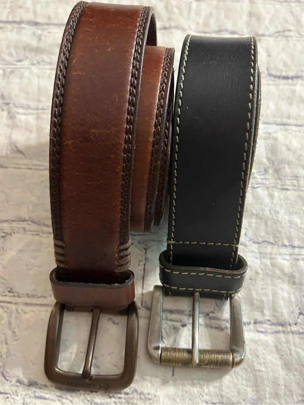 COLUMBIA GENUINE LEATHER CHUNKY BELT SIZE 40 & INDIA MADE BLACK STITCHED 38 BELT